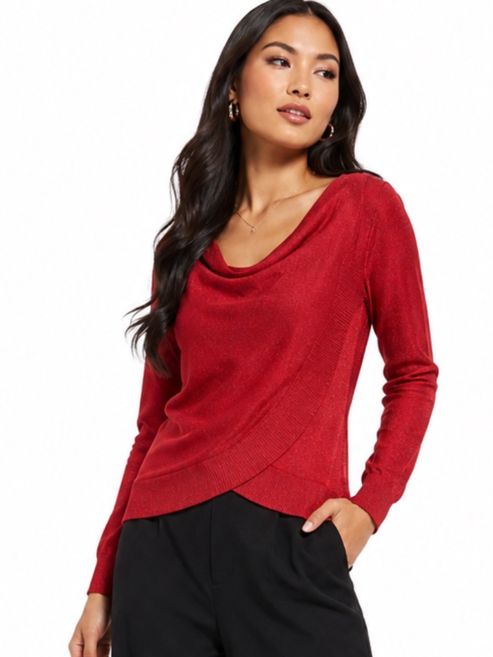 INC International Concepts Red Cowl Neck Metallic Shimmer Knit Sweater Top